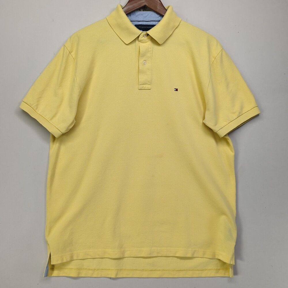 Tommy Hilfiger Polo Shirt Mens Large Yellow Short Sleeve Pique Cotton Y2K